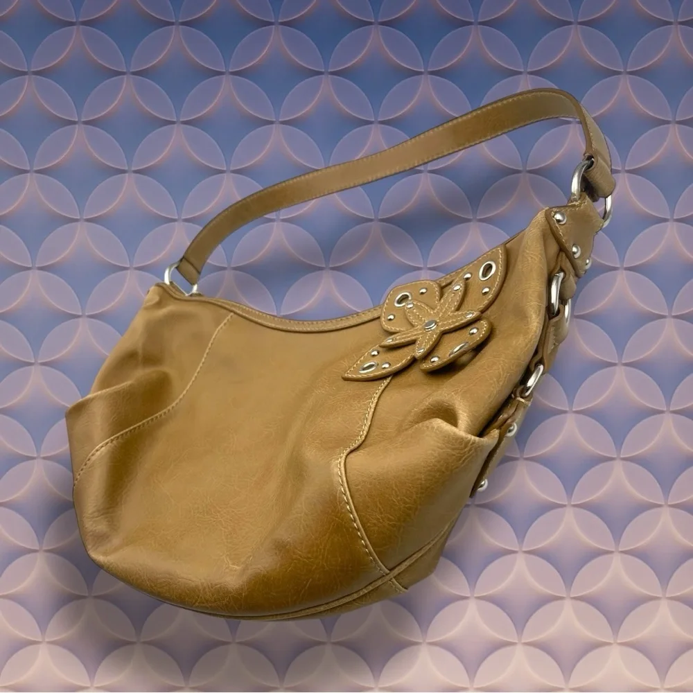Currency by Helen Welsh Tan Shoulder Hobo Bag with Floral Embellishment